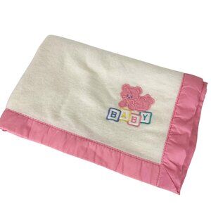 Vintage Cuddle Time Acrylic Baby Blanket With Pink Trim Bear Blocks Applique